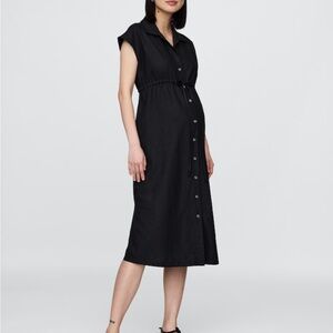 GAP Black Button-Down Linen Maternity Midi Dress
